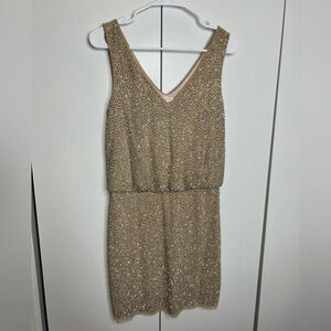 Cache - Silver beaded tan mini dress, sparkly - size 2